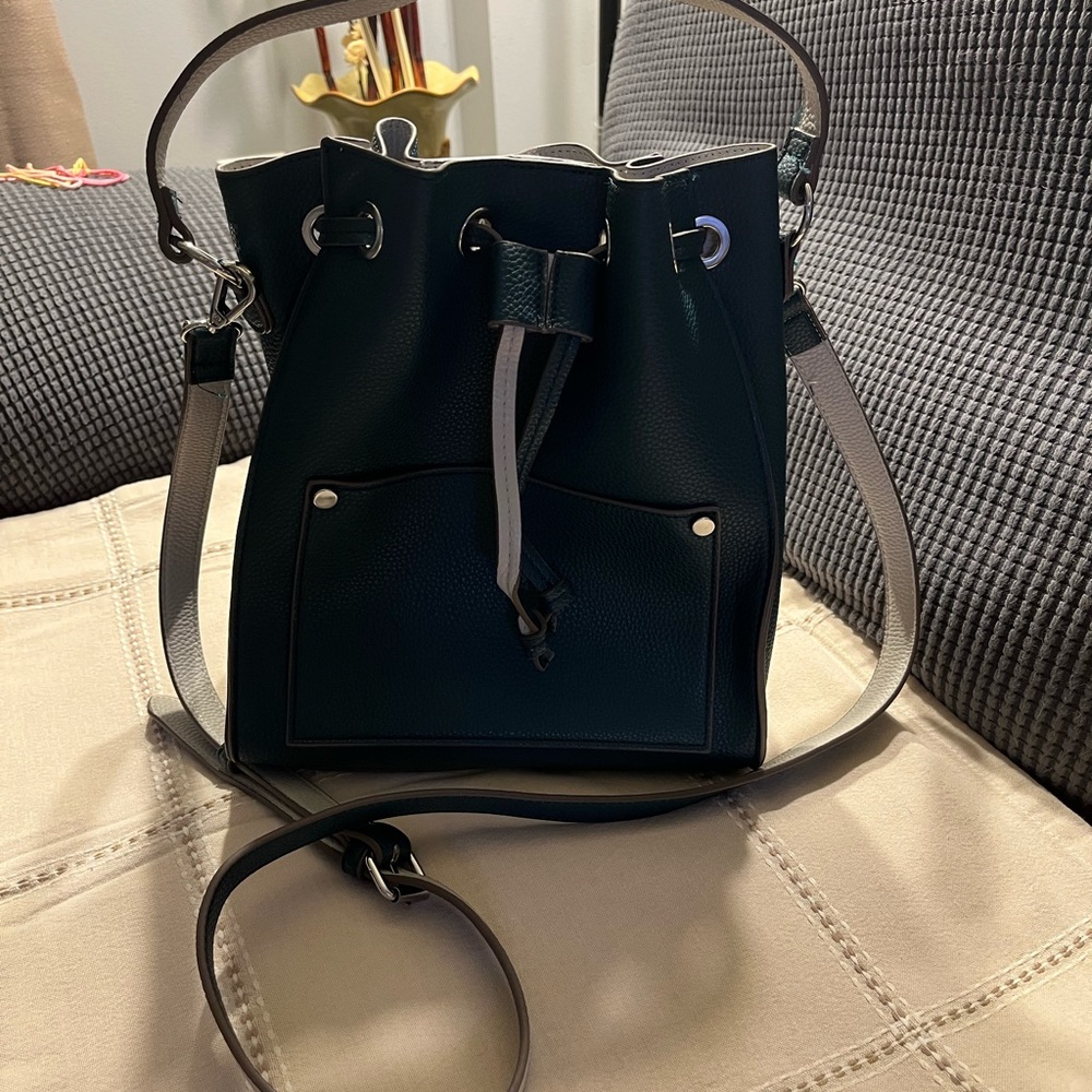 Black Bucket Shoulder Bag with Gold Accents